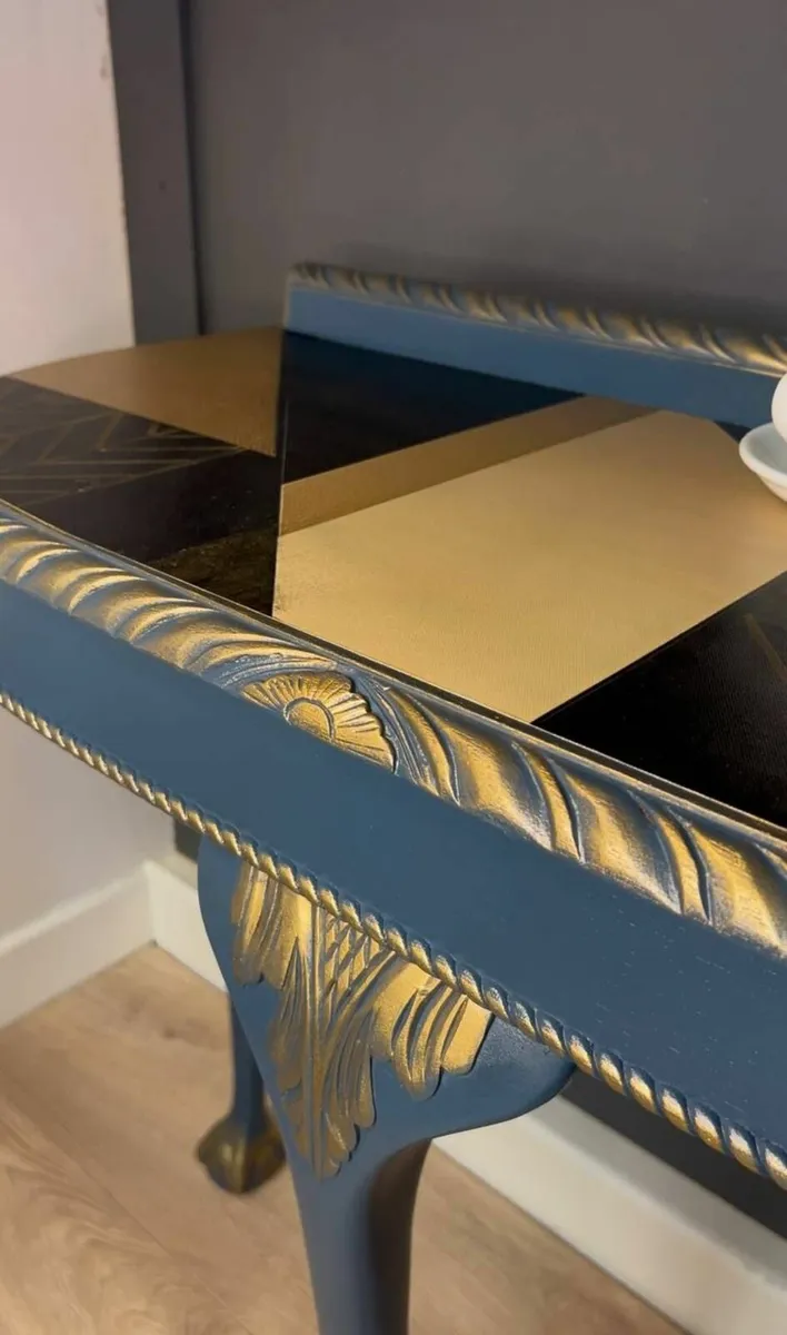 Regal Blue Console Table Hand-Painted Canvas Top - Image 2