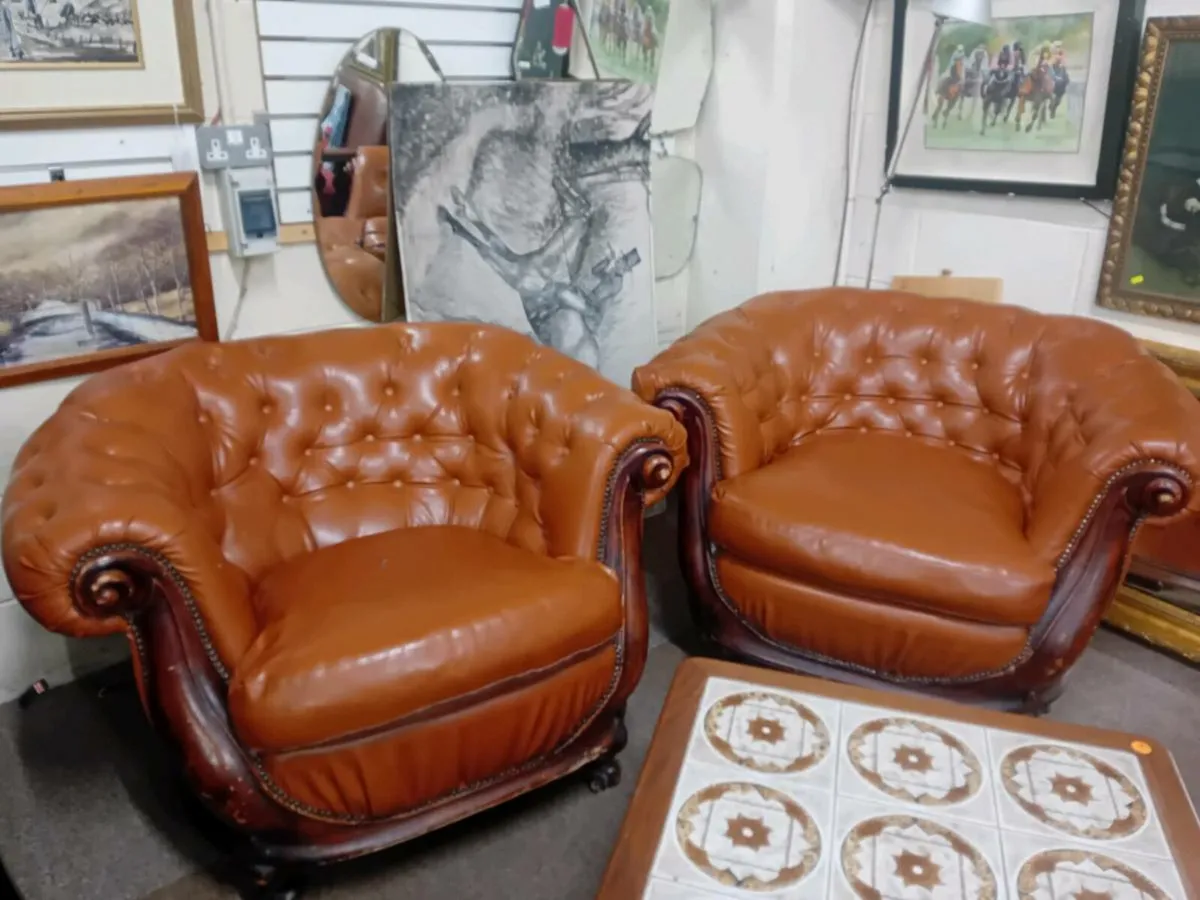 Pair Of Tan Leather Button Back Armchairs - Image 1