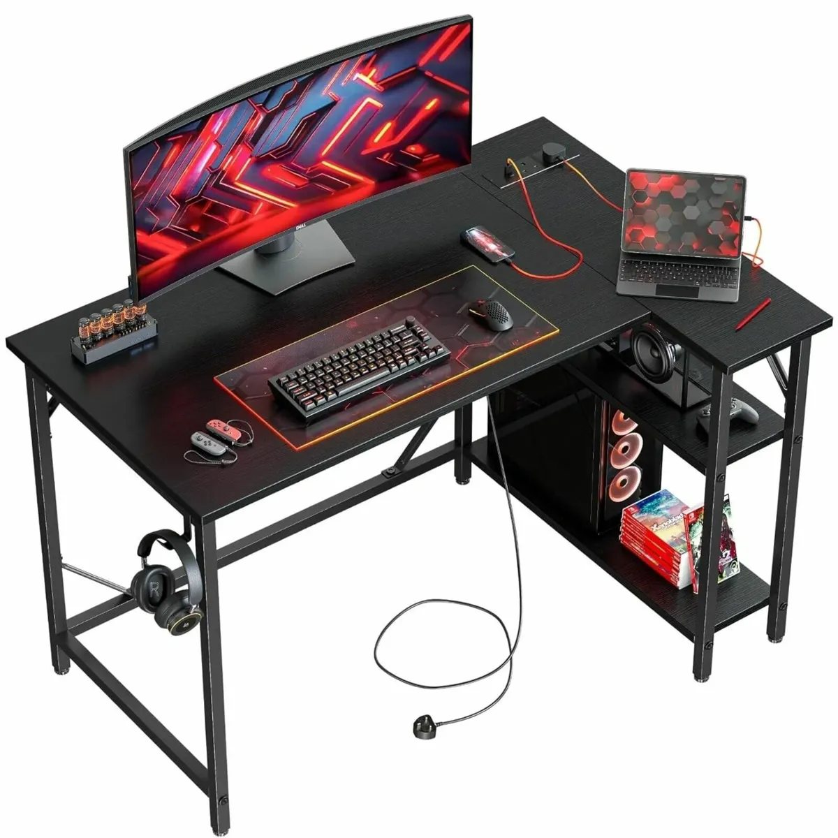L Shaped Gaming Desk with Power Outlets, 100x70cm - Image 1