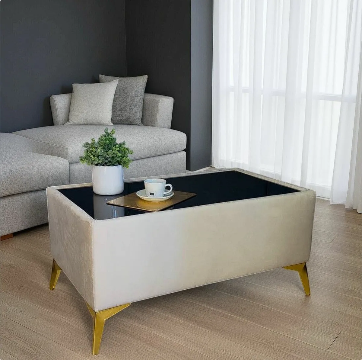 Velvet Coffee Table with Glass Top - Image 1