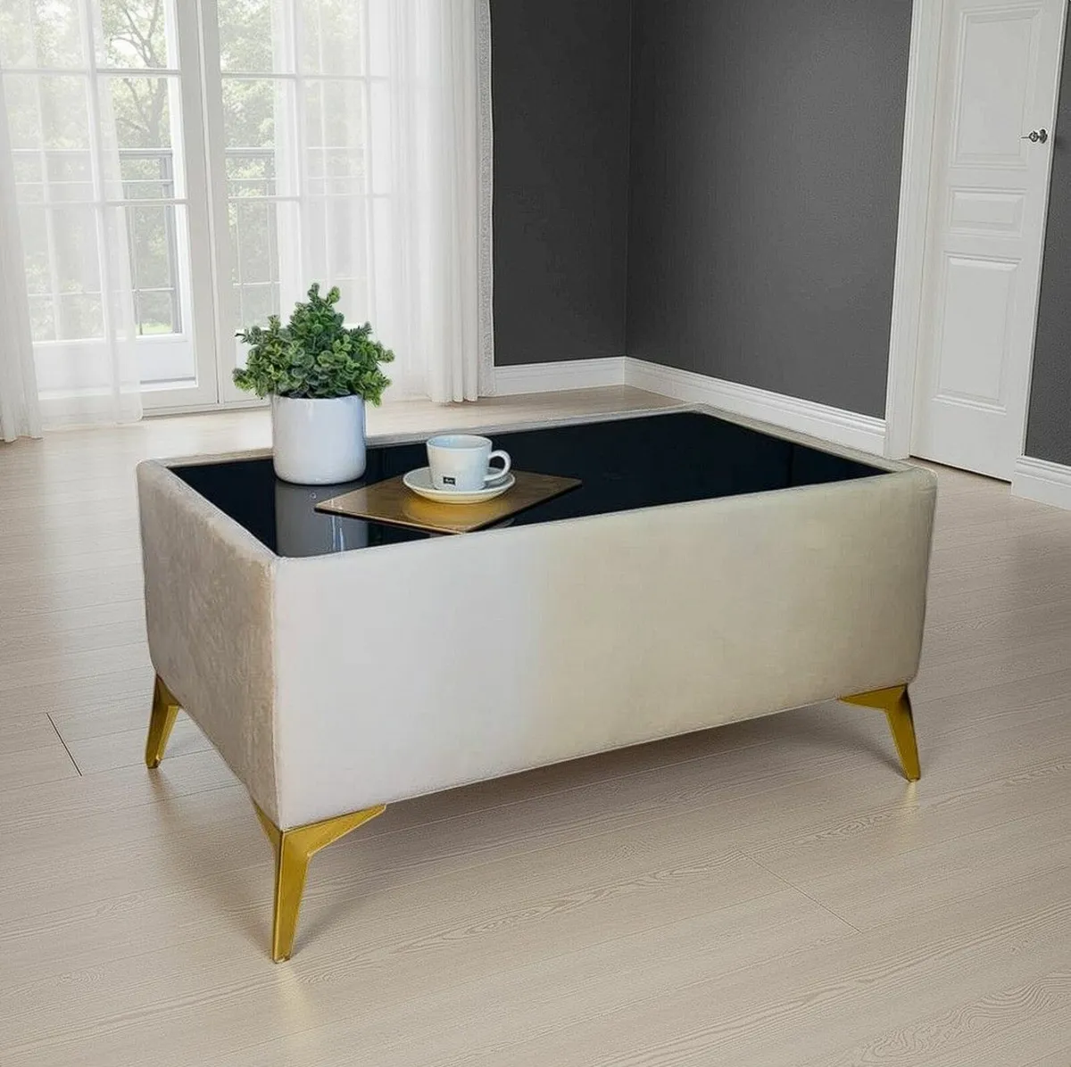 Velvet Coffee Table with Glass Top - Image 2