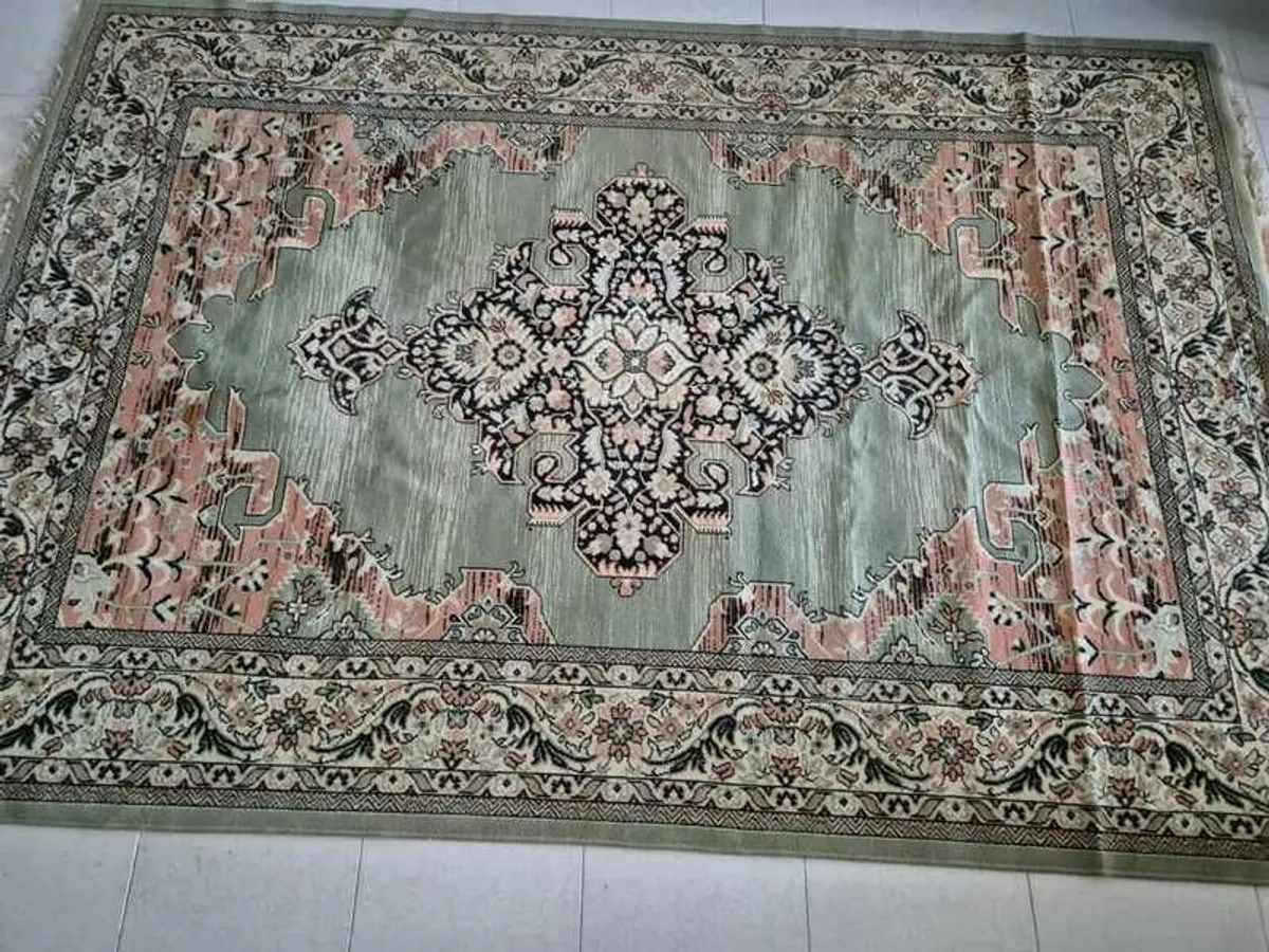 Stunning Green and Coral Wool Rug - Image 1