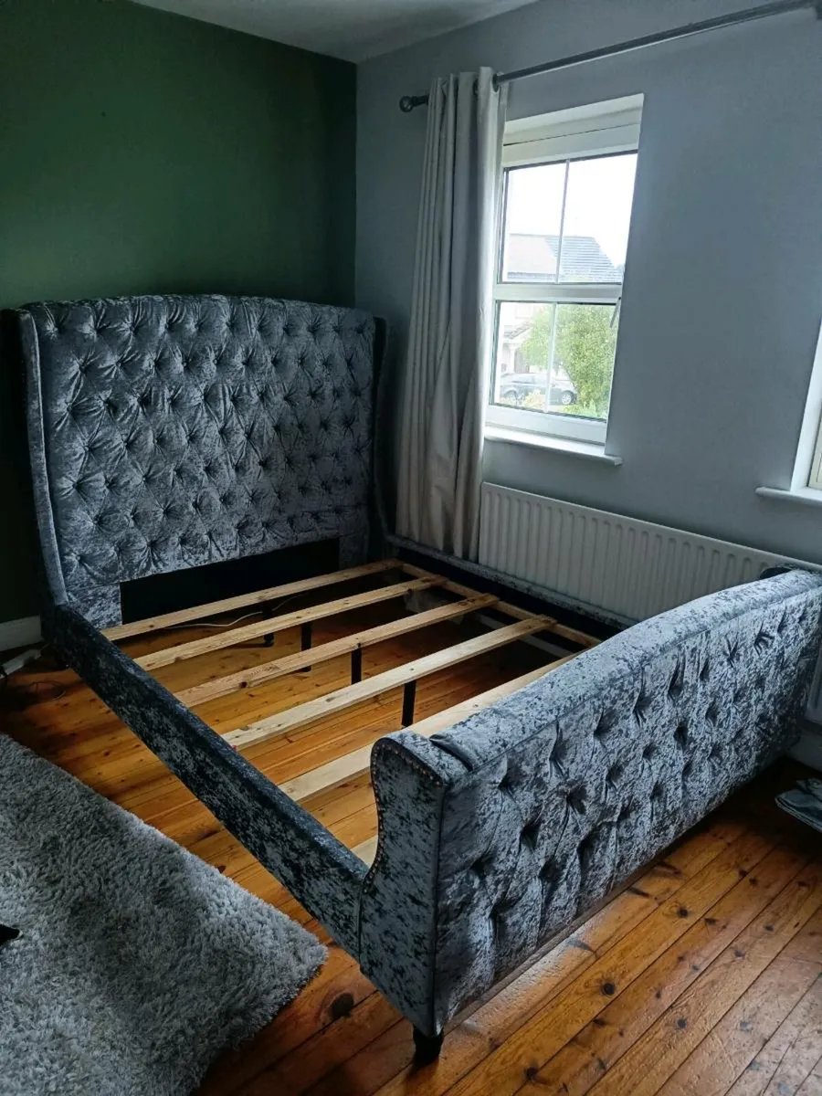 King size bed frame (Grey Velvet) - Image 1