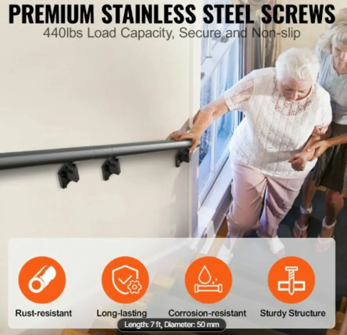 Handrail Stair Railing, 7 ft, Wall Mount Handrails - Image 2