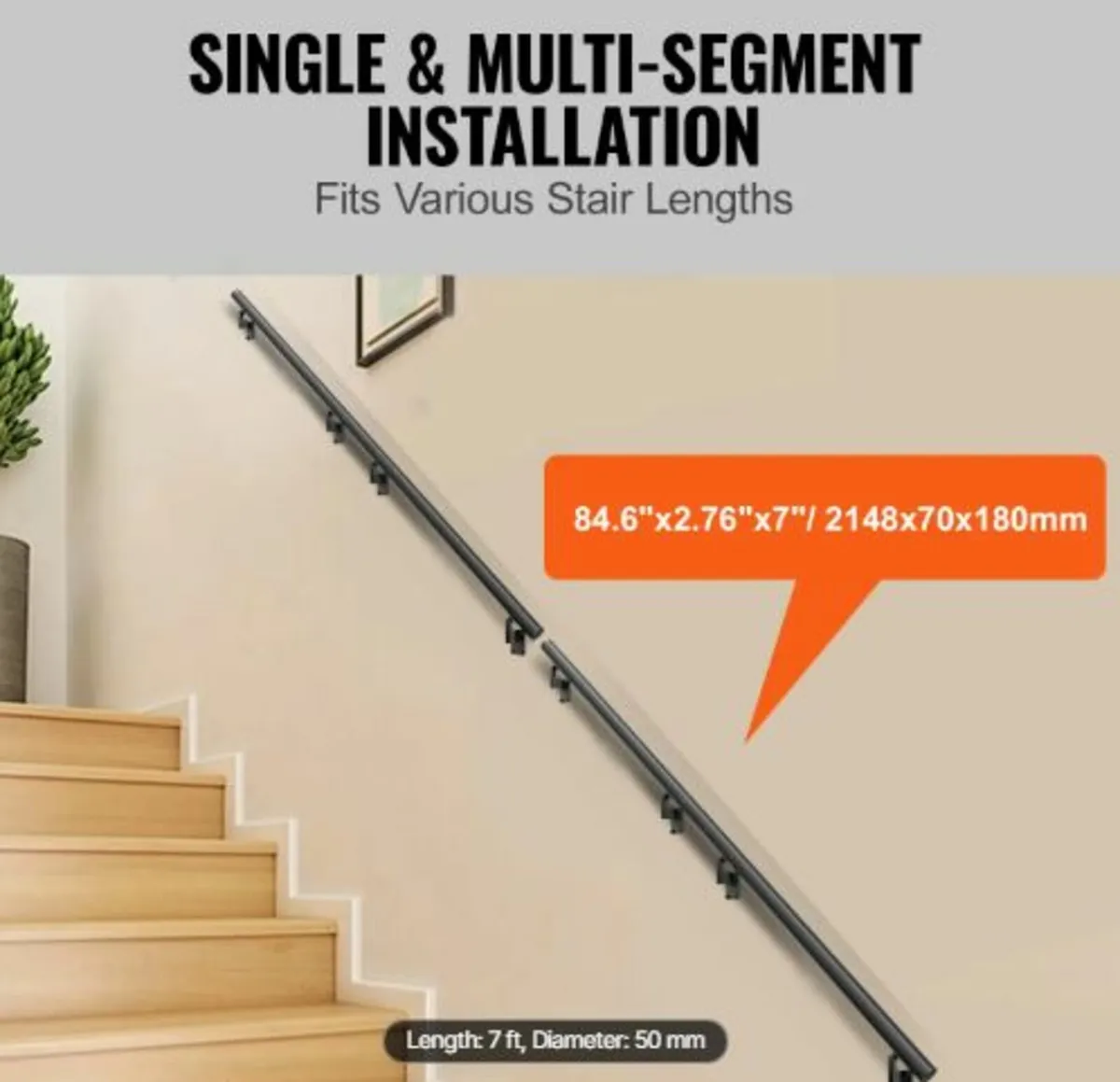 Handrail Stair Railing, 7 ft, Wall Mount Handrails - Image 3