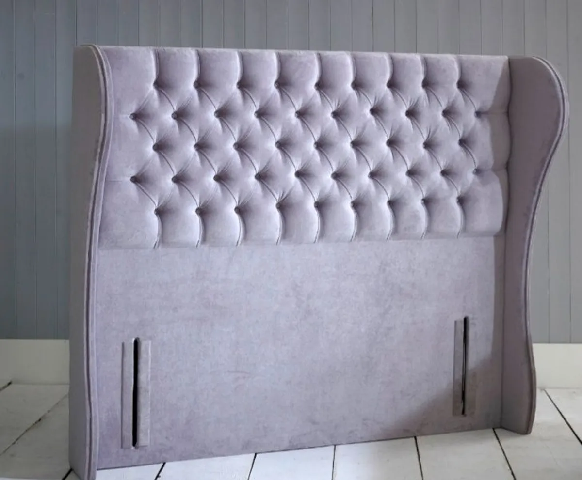 Chesterfield Wing Standing Headboard and grey divan chrome leg Base - Image 2