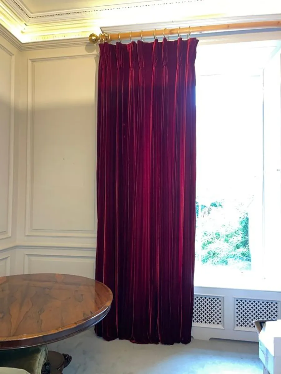 Heavy Red Velvet Curtains with curtain poles and brass fittings - Image 1