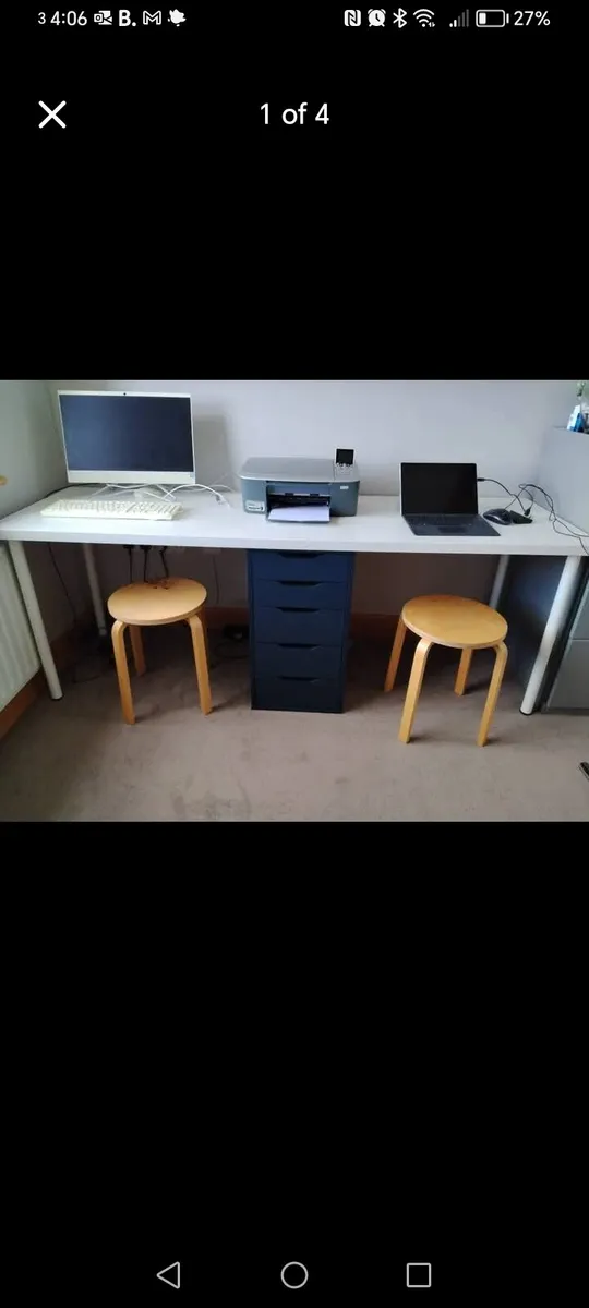 Desk, stools and cabinet
