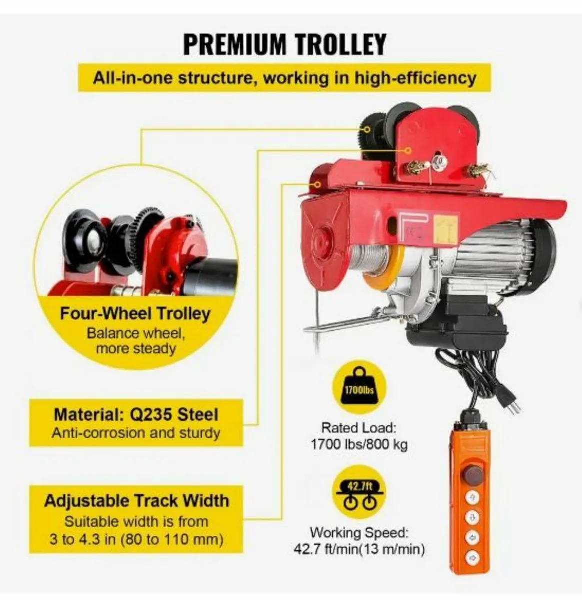 800Kg/1700Lbs Electric Trolley Hoist 1300W - Image 3