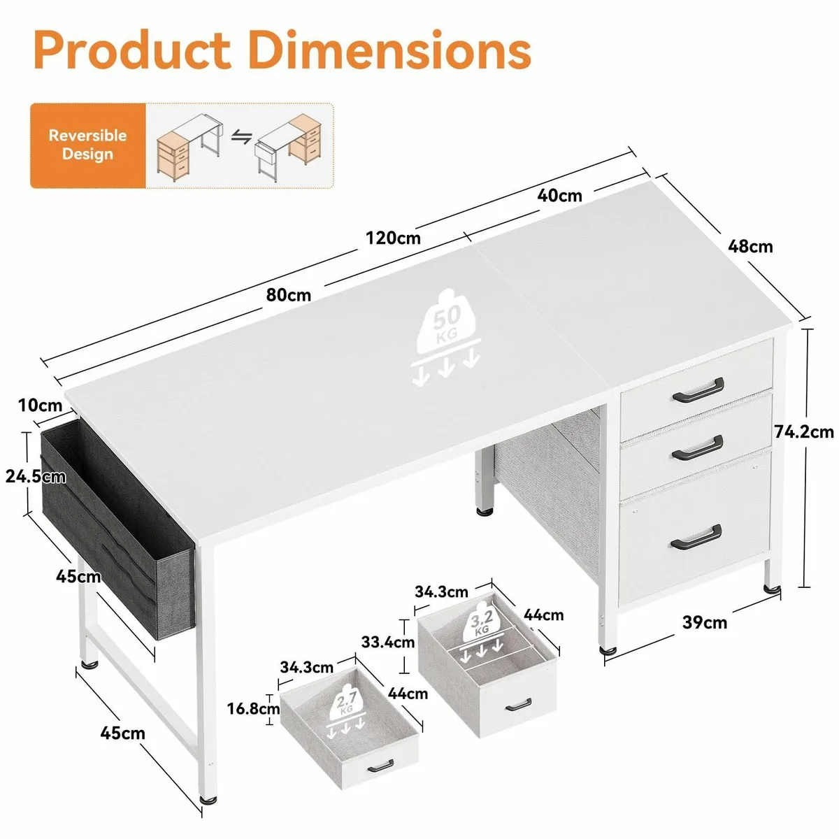 Computer Desk with Drawers, 120×48cm Office Desk w - Image 3