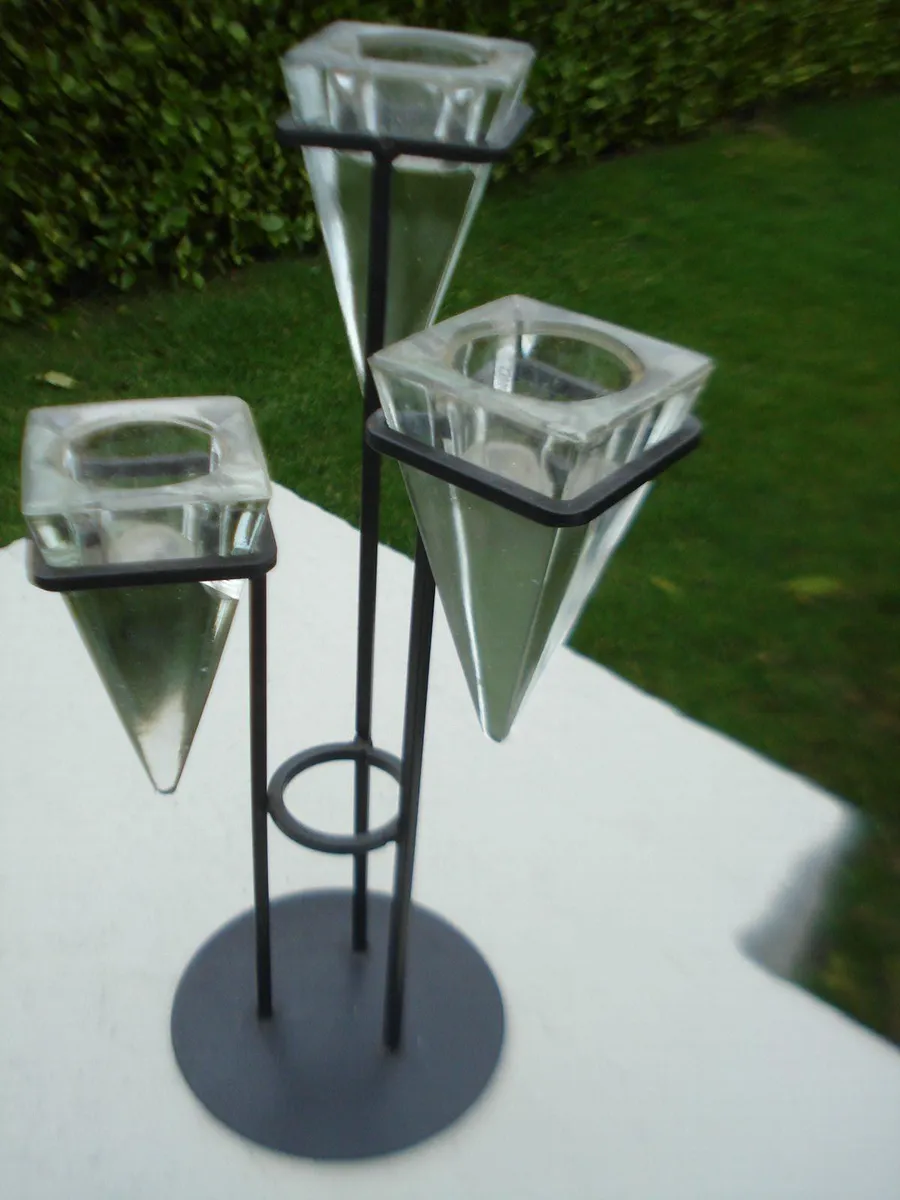 THREE BRANCH METAL /GLASS CANDLE STICK HOLDER. - Image 2
