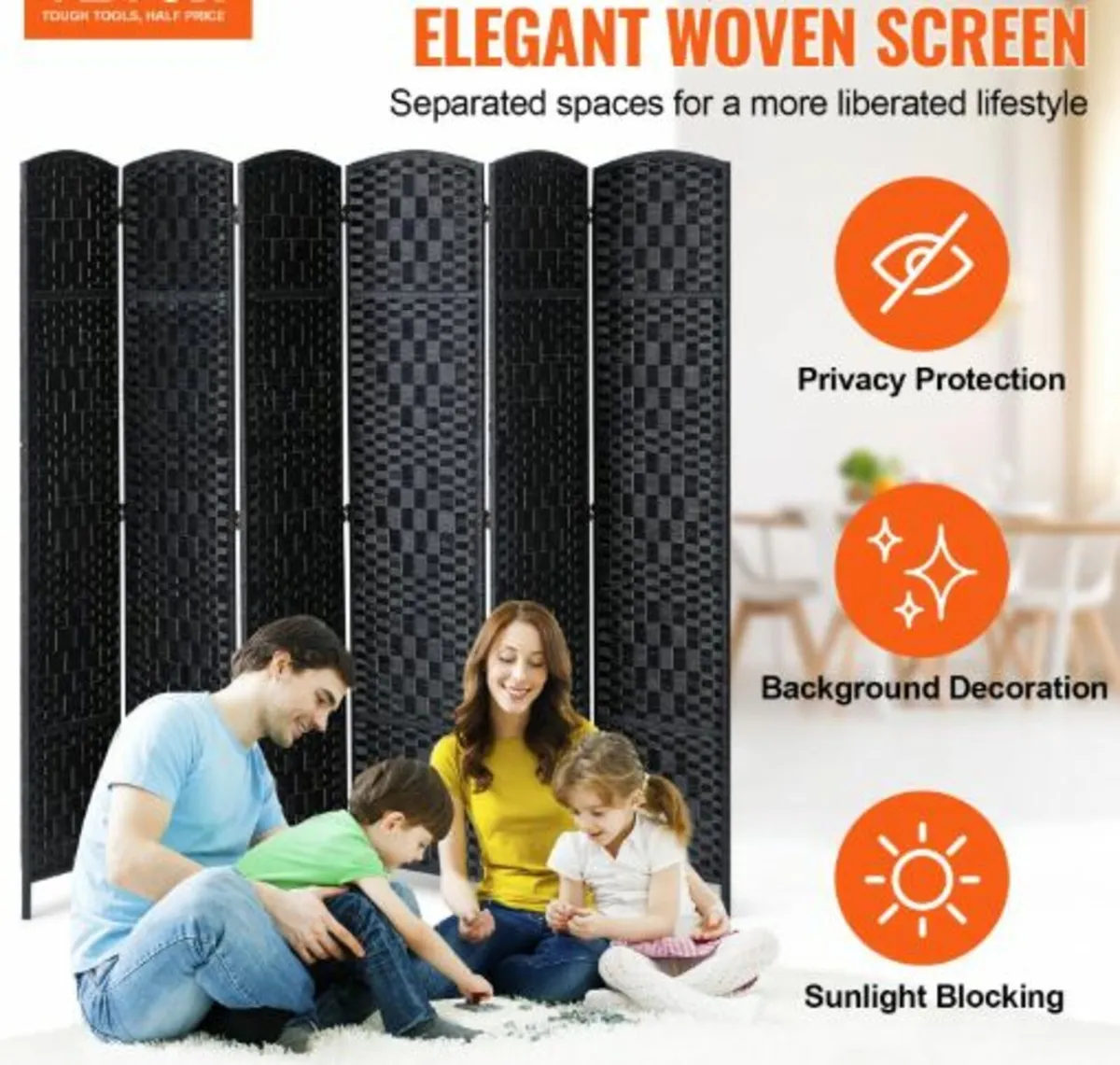 6 Panel Room Divider, Hand-Woven Folding Privacy - Image 2