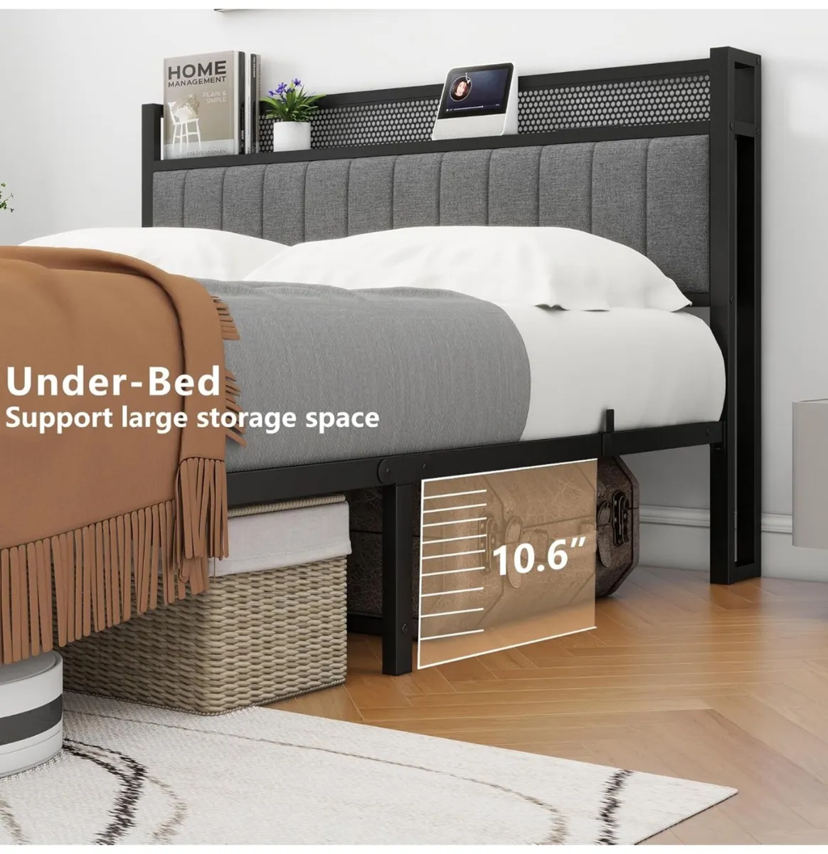 King Size Bed Frame with Storage and Headboard She - Image 3