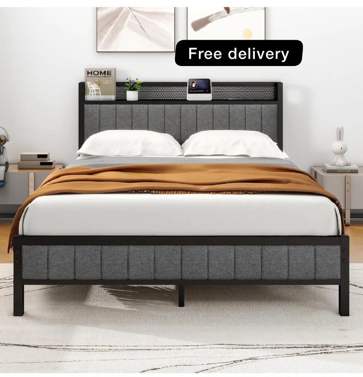 King Size Bed Frame with Storage and Headboard She - Image 1