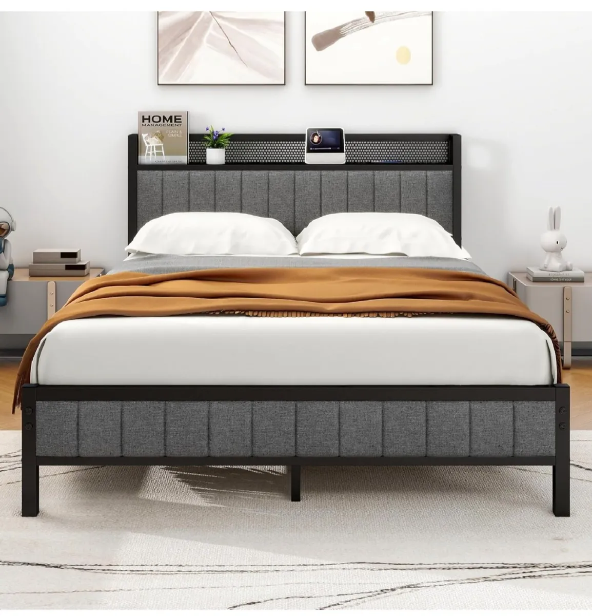 King Size Bed Frame with Storage and Headboard She - Image 4