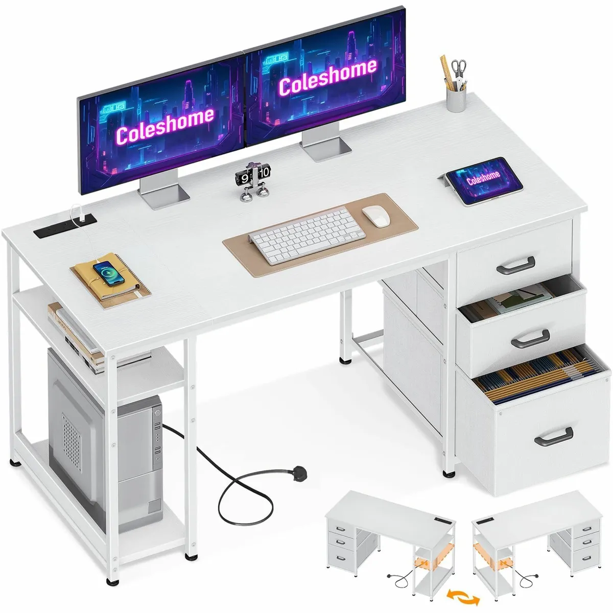 130cm Office Desk 3 Drawers Computer Shelves PC Ta - Image 1