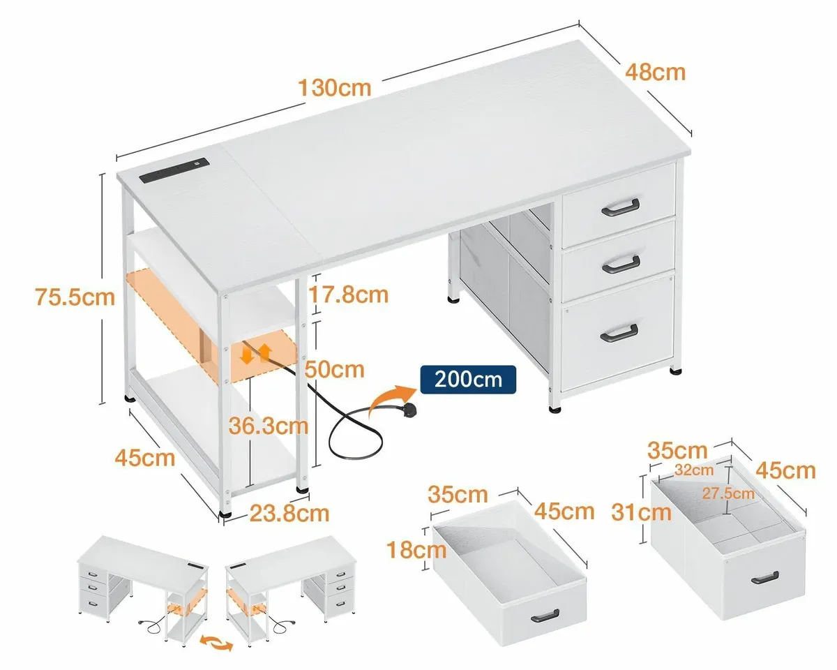 130cm Office Desk 3 Drawers Computer Shelves PC Ta - Image 3