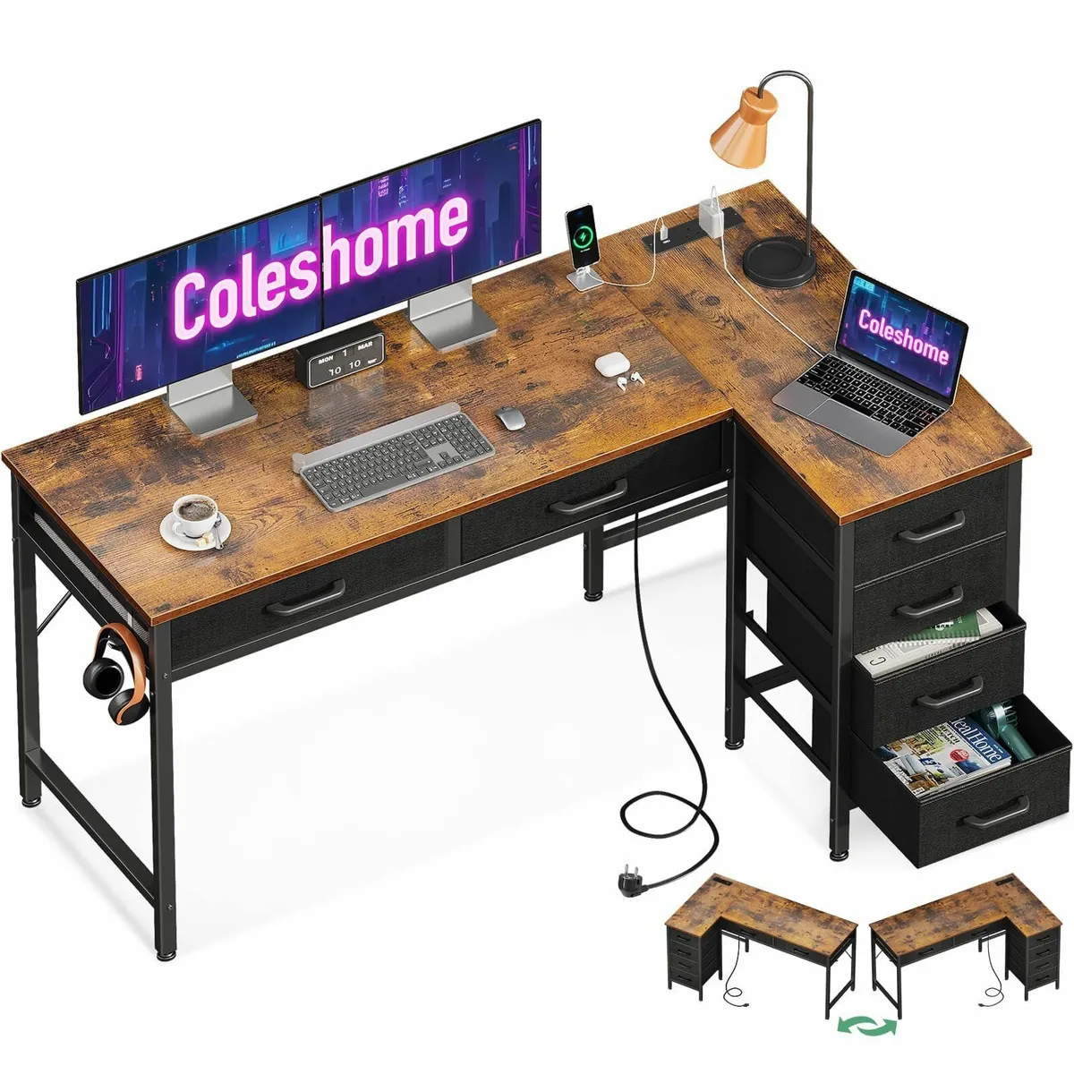 Corner Desk Drawers 126×80 cm L Shaped Computer Po - Image 1