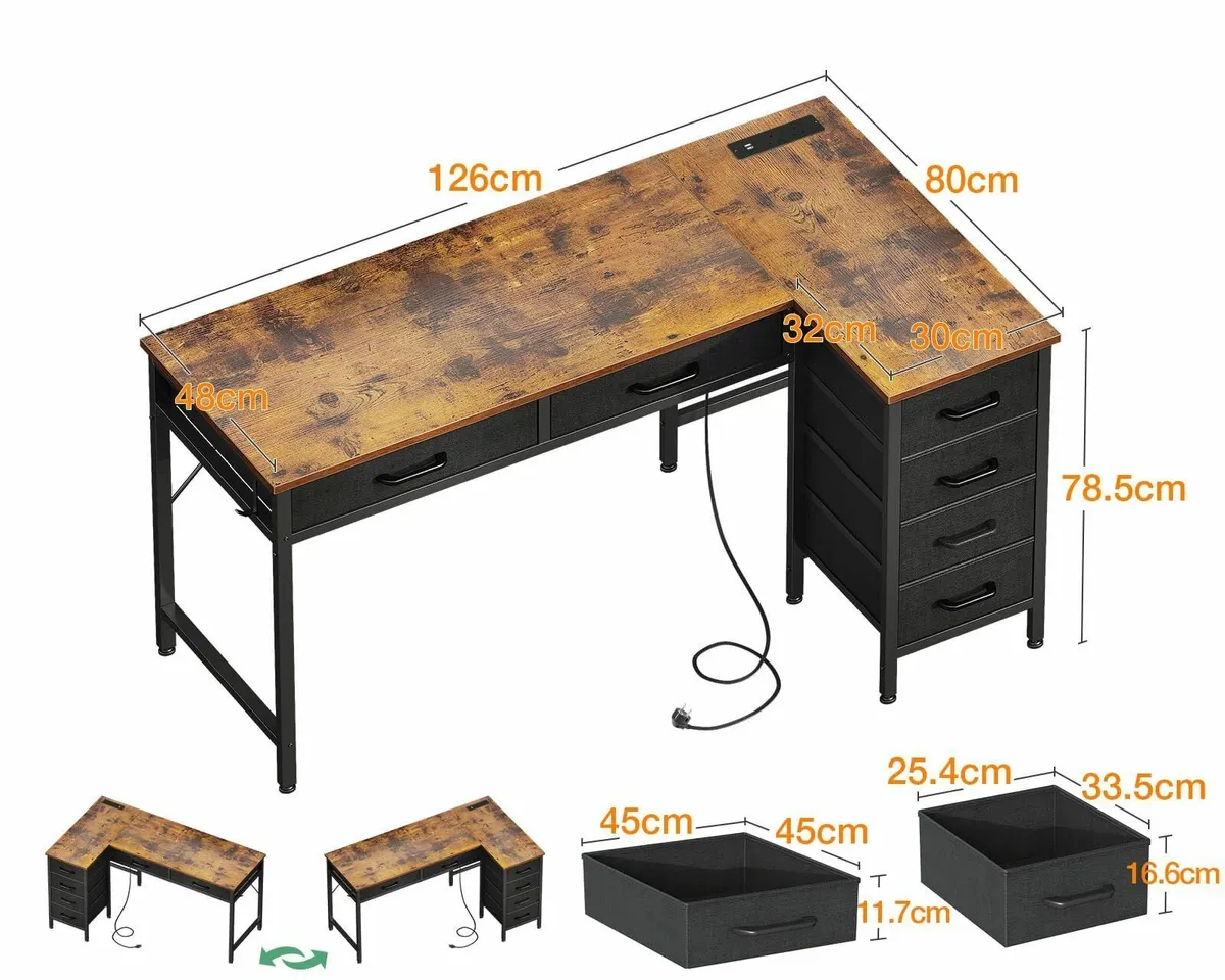 Corner Desk Drawers 126×80 cm L Shaped Computer Po - Image 3