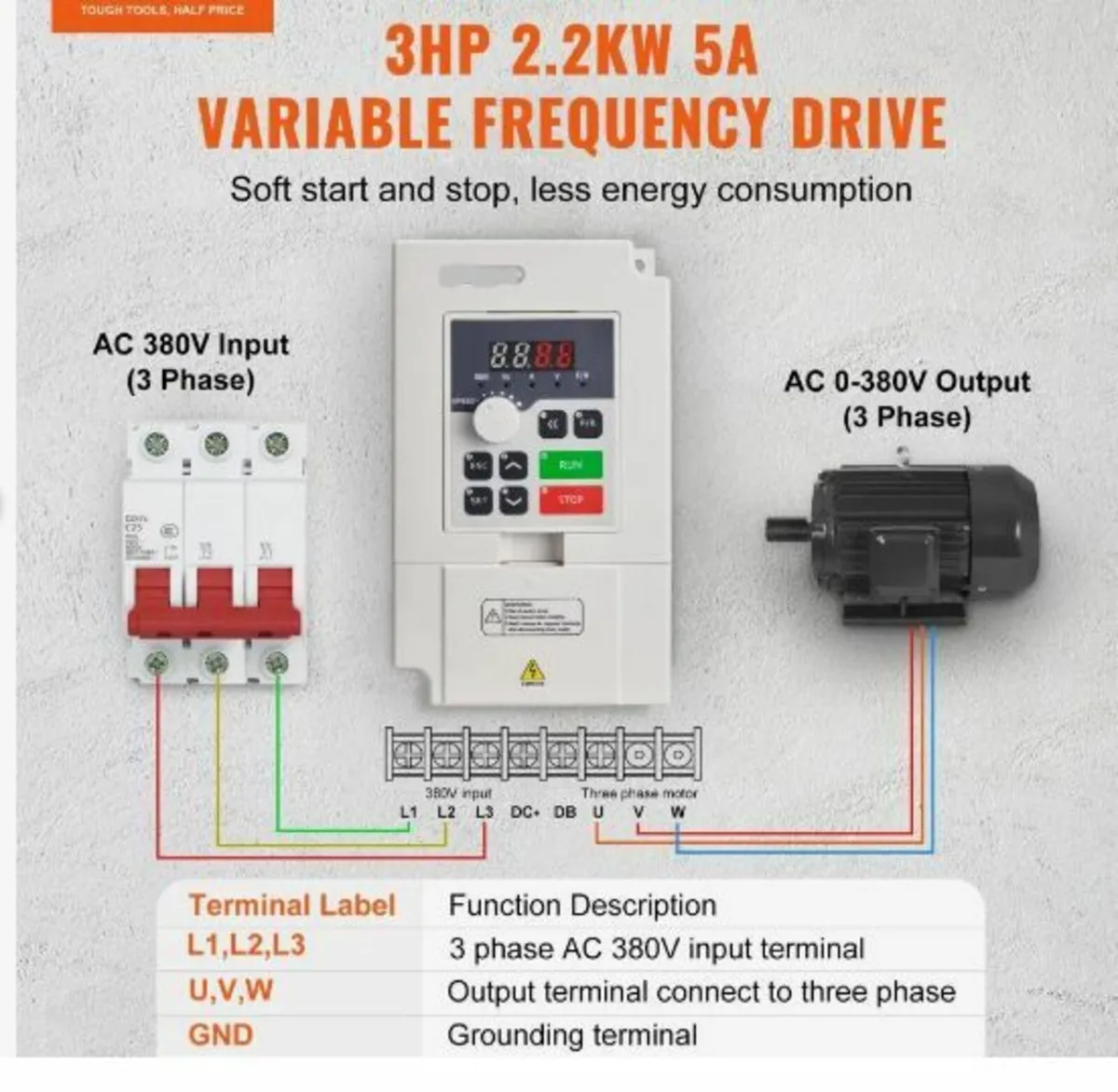 VFD 3HP, 2.2KW, 5A, 3 Phase AC 380V - Image 3