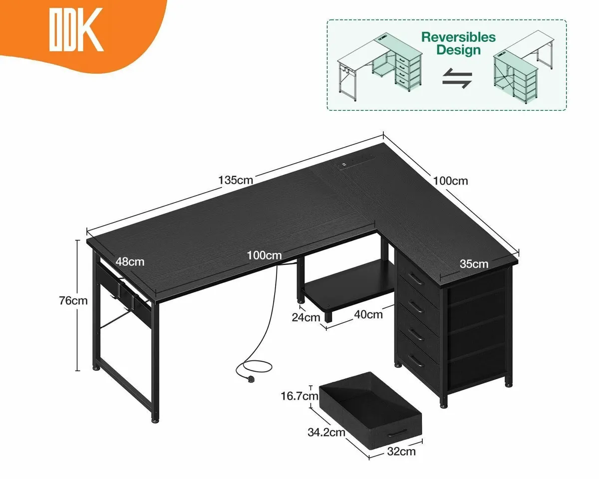 Corner Desk Drawers Reversible L Shaped Computer P - Image 3