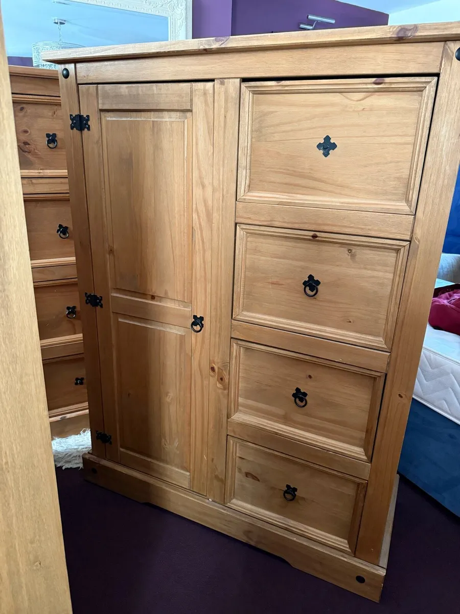 3 Mexican pine wardrobes and 1 matching drawers - Image 3