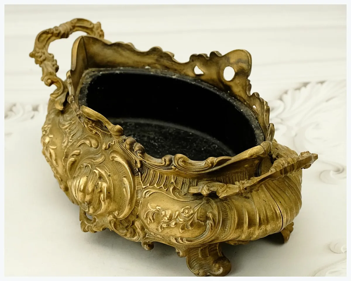 Antique French Brass Rococo Jardiniere Planter Cen - Image 4
