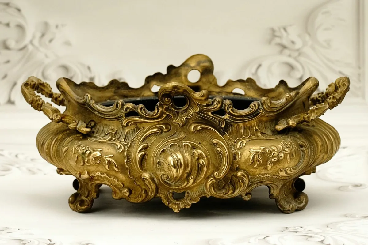 Antique French Brass Rococo Jardiniere Planter Cen - Image 1