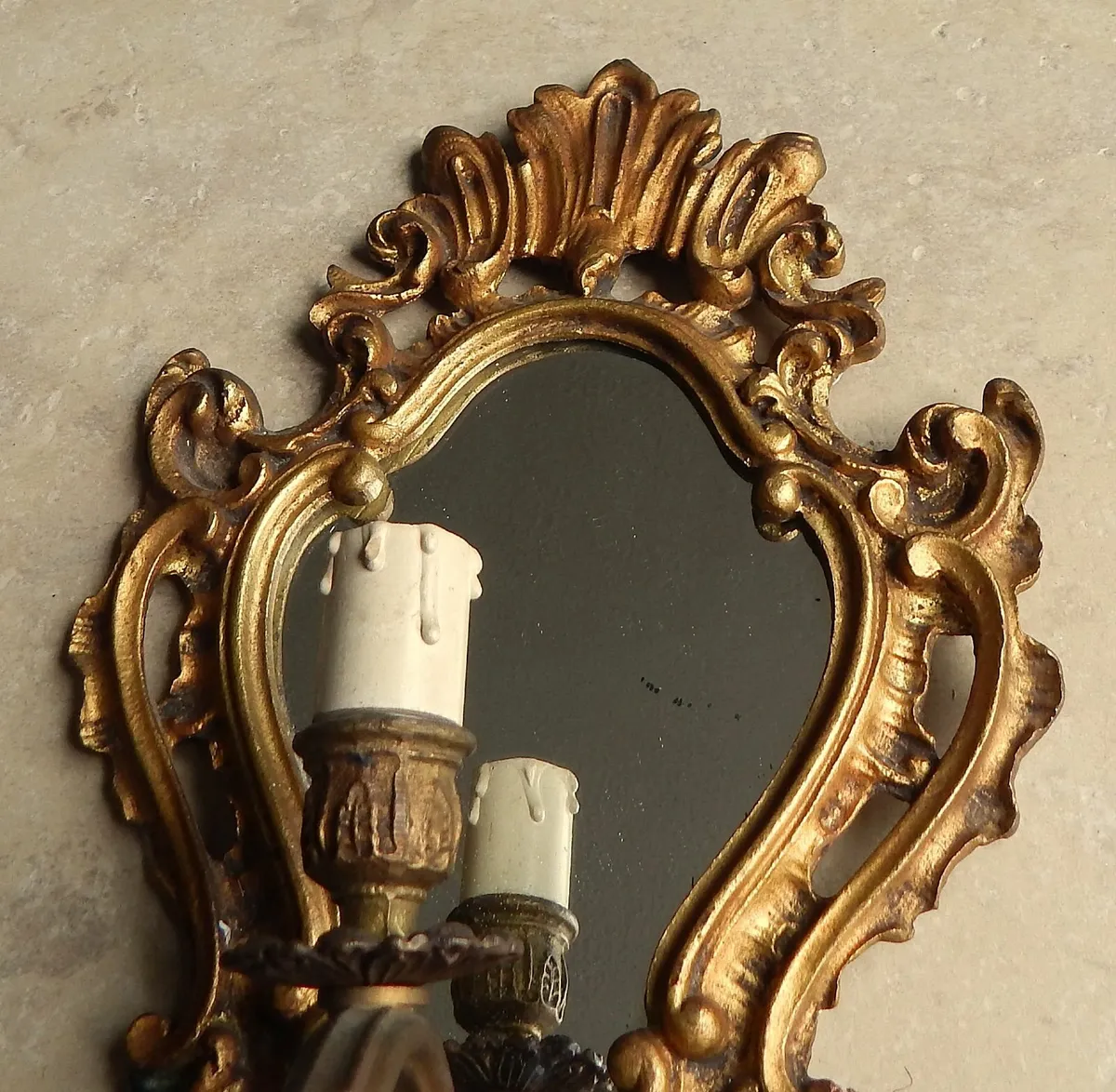 Vintage French Solid Brass Baroque Mirror Sconce - Image 4