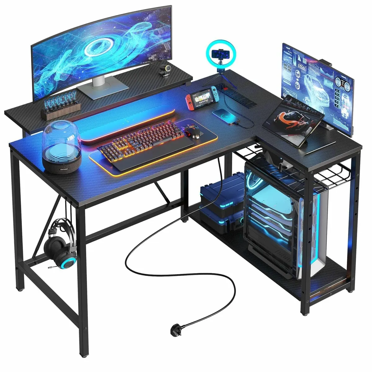 106.5CM L-Shaped Gaming Desk RGB LED Lights Carbon - Image 1