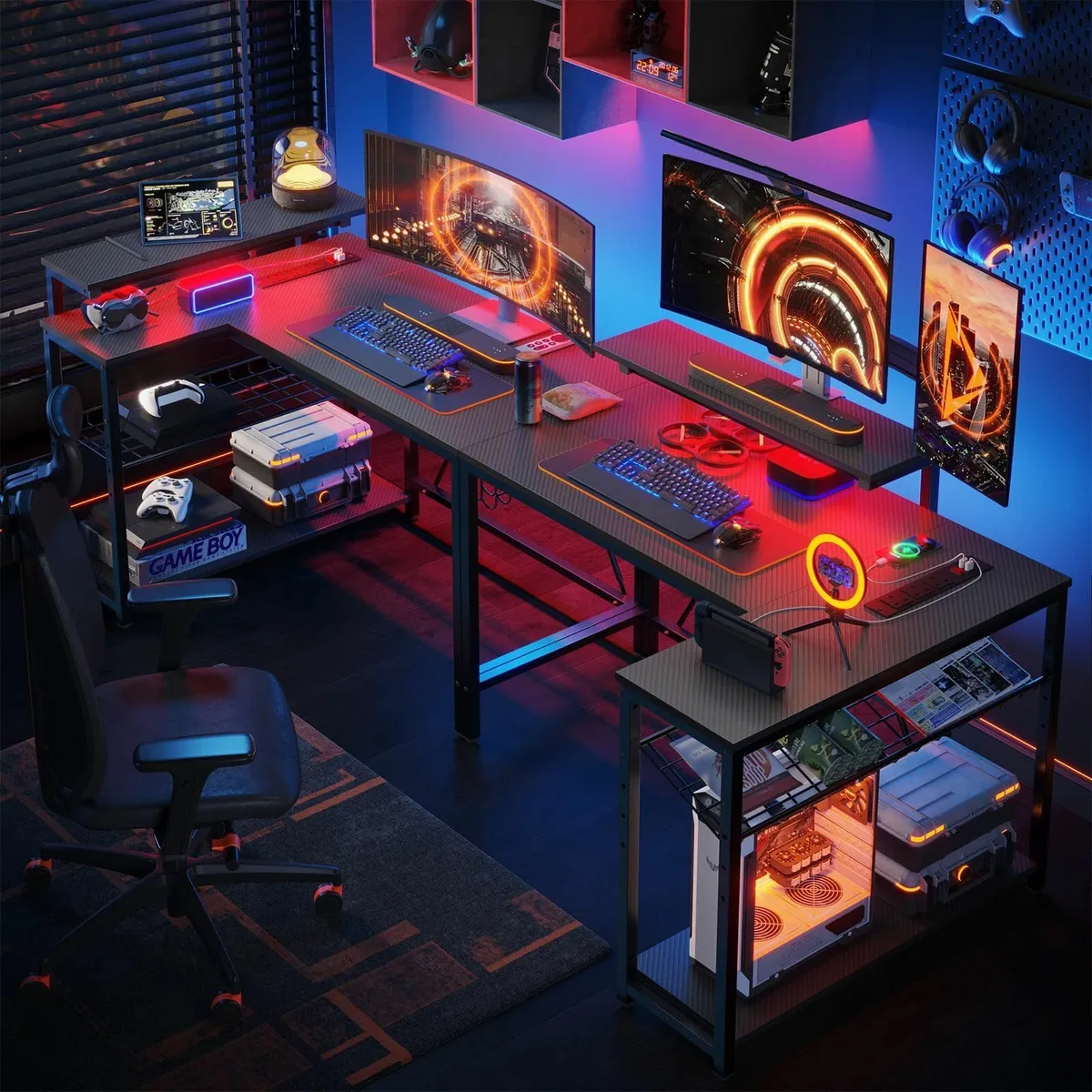 106.5CM L-Shaped Gaming Desk RGB LED Lights Carbon - Image 4