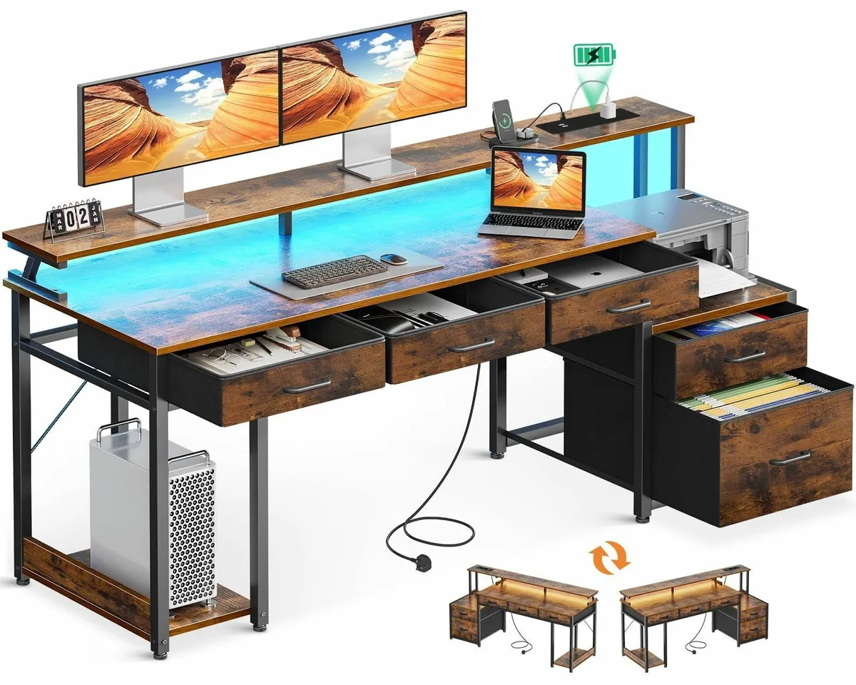 Computer Desk Drawers 162x48cm Office LED Lights & - Image 1
