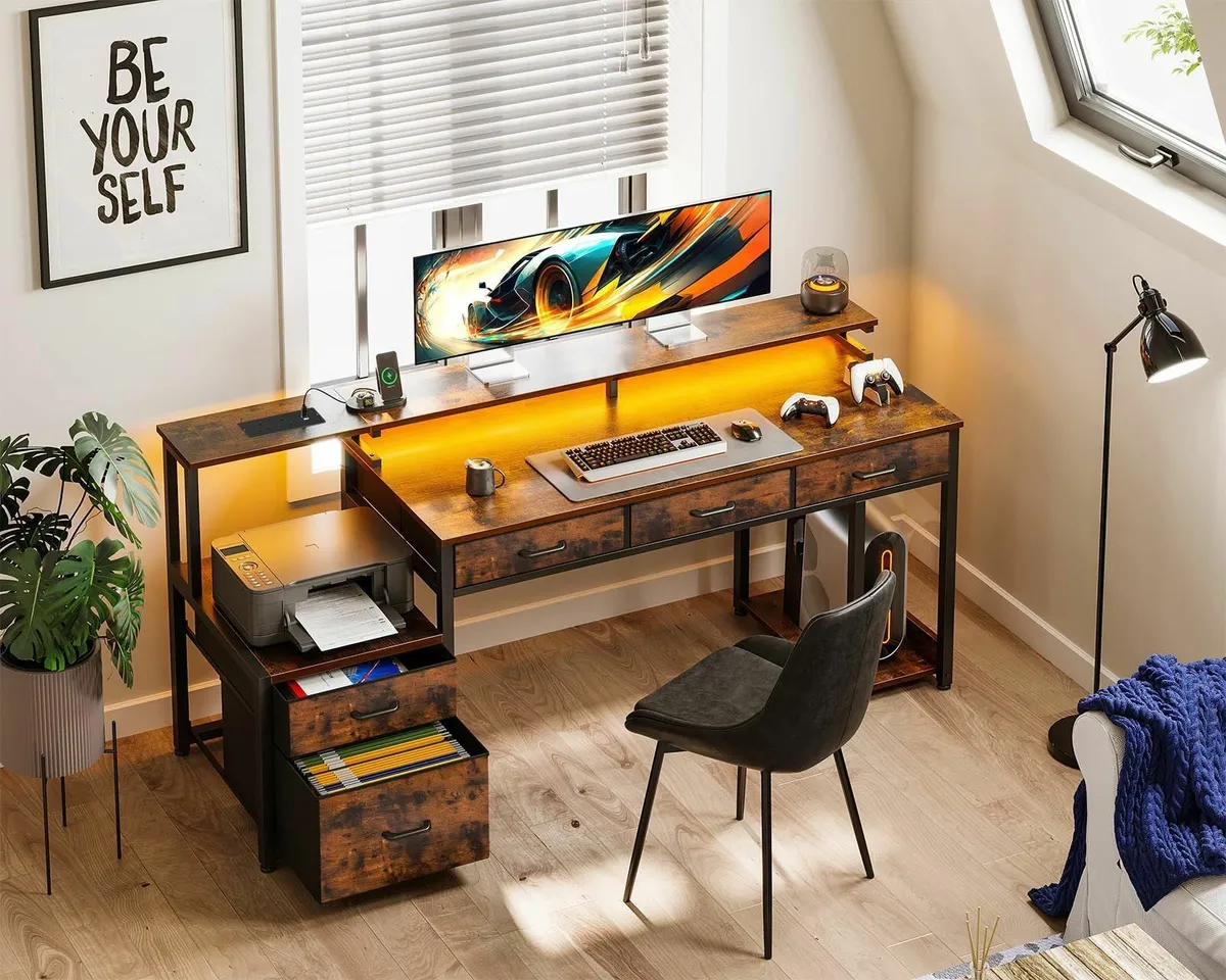 Computer Desk Drawers 162x48cm Office LED Lights & - Image 2