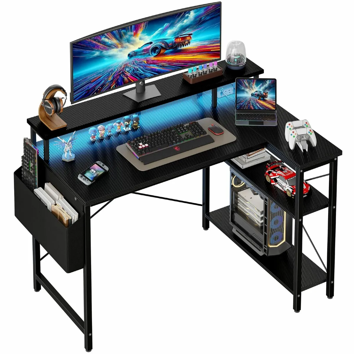 L Shaped Desk LED Lights & Power Outlets 100 cm Ga - Image 1