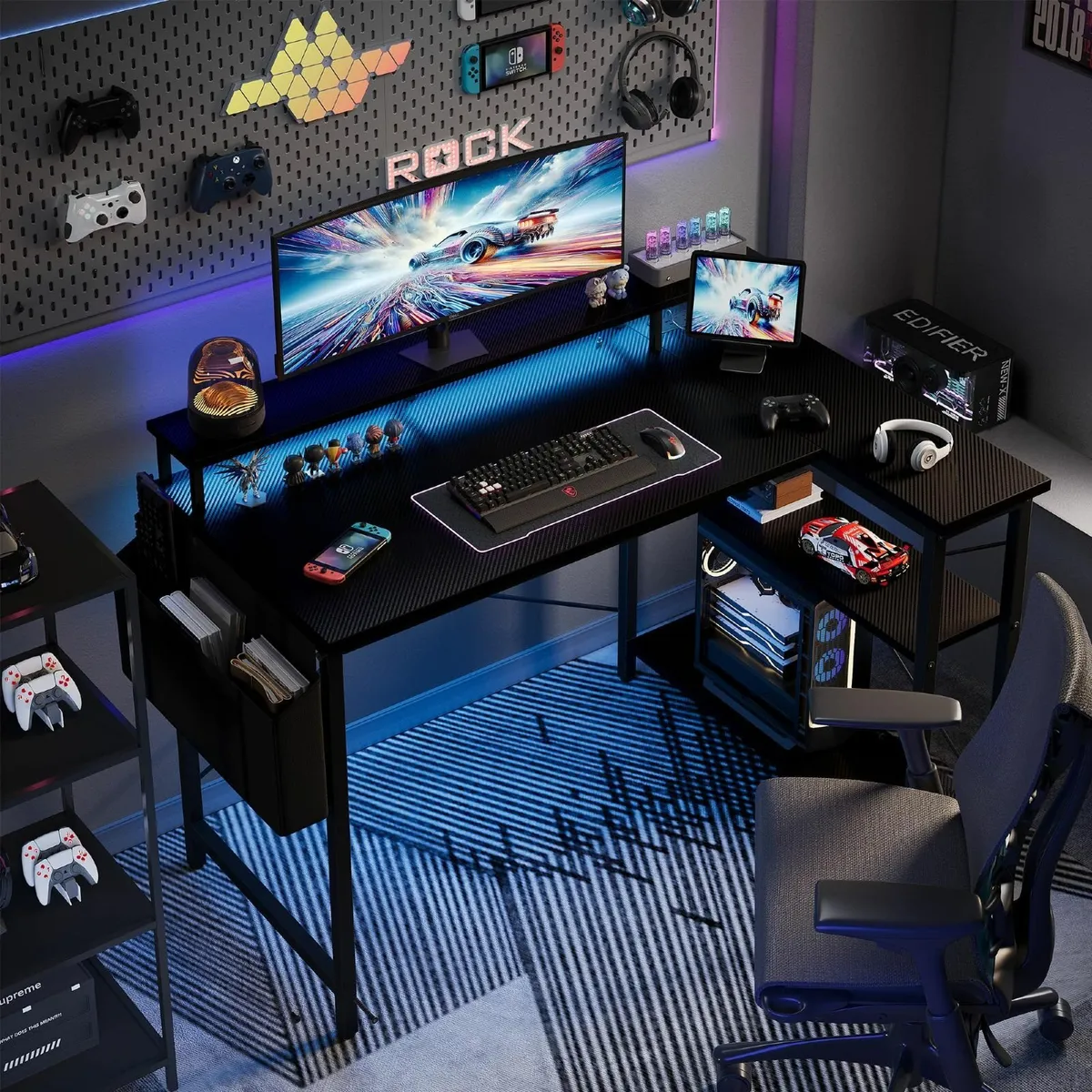 L Shaped Desk LED Lights & Power Outlets 100 cm Ga - Image 2