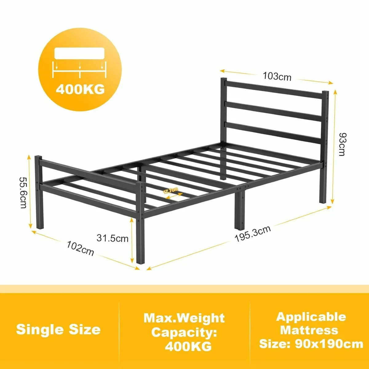 Single Bed Frames Headboard 3ft Black Metal Small - Image 2
