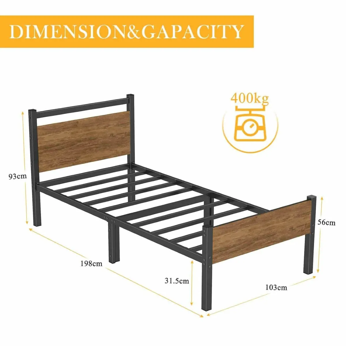Single Bed Frames Wood Headboard 31.5cm Metal Plat - Image 2