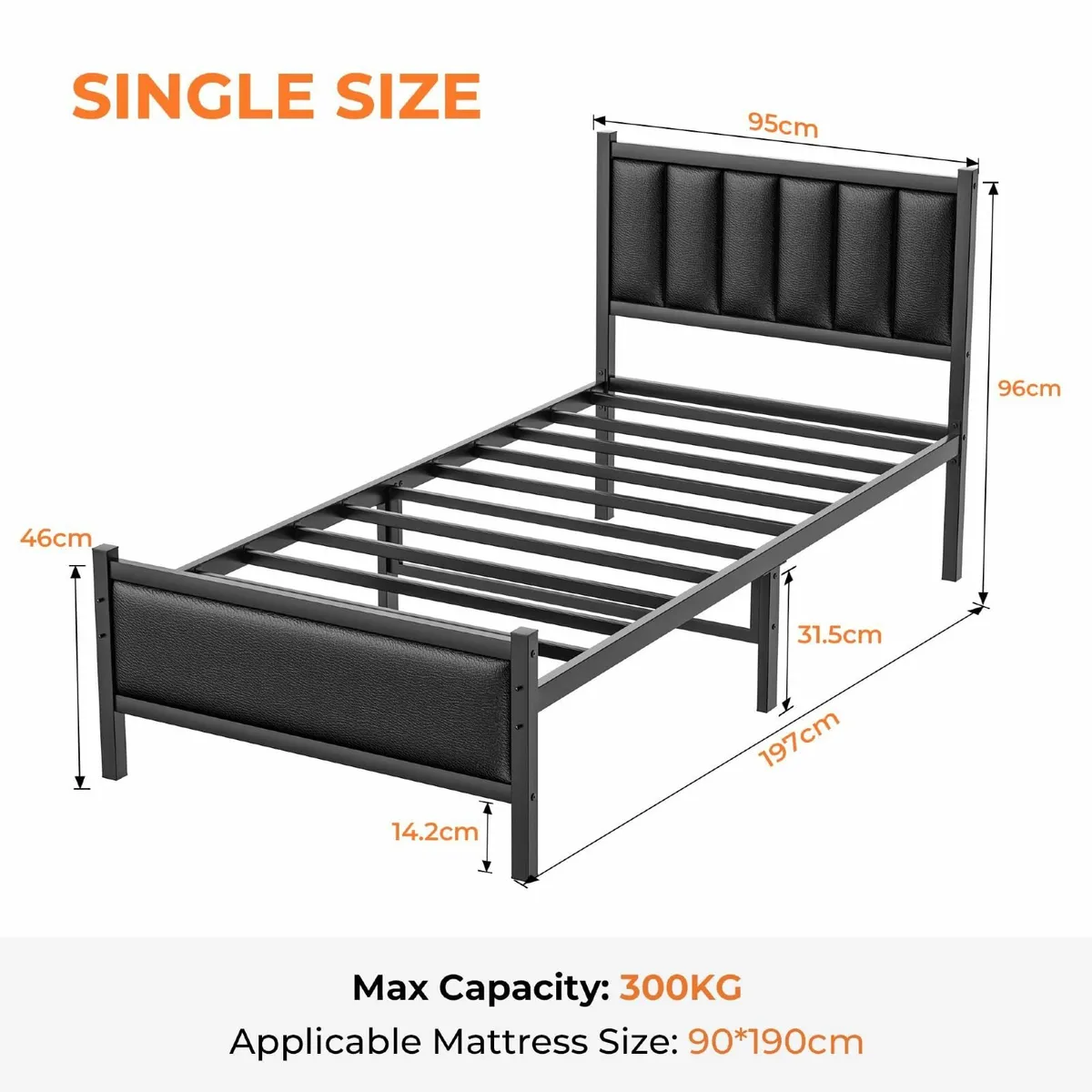 Single Bed Frame Upholstered Headboard 3ft Metal B - Image 2