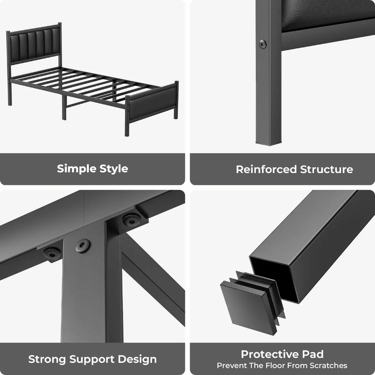 Single Bed Frame Upholstered Headboard 3ft Metal B - Image 4