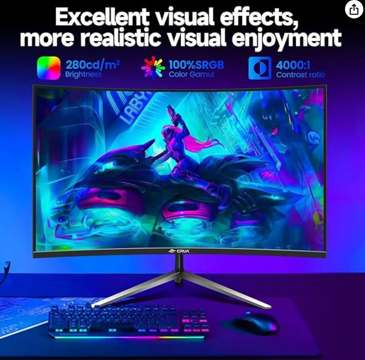 Brand New CRUA 27'' Curved Gaming Monitor – 200Hz, - Image 2