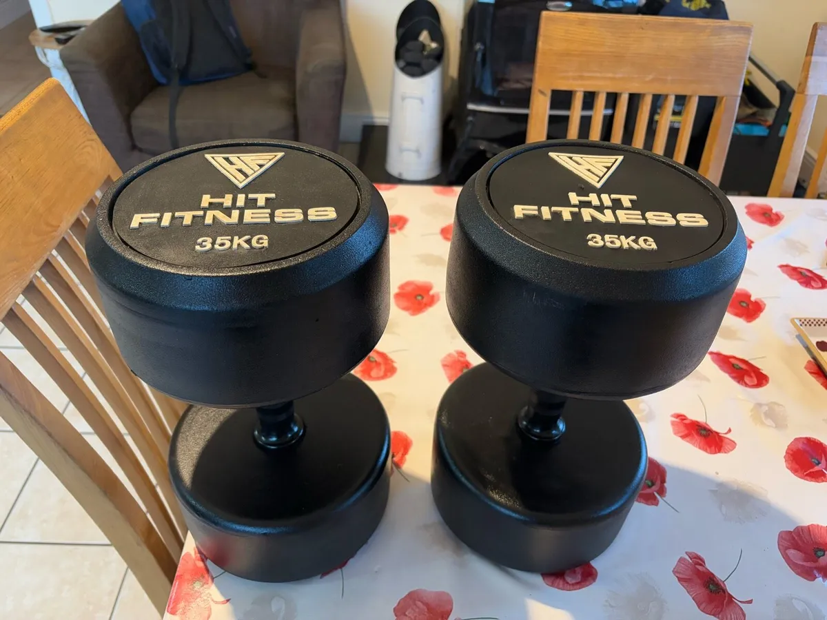 CHEAP HIT FITNESS RUBBER DUMBBELLS. 2 X 35KG! - Image 1