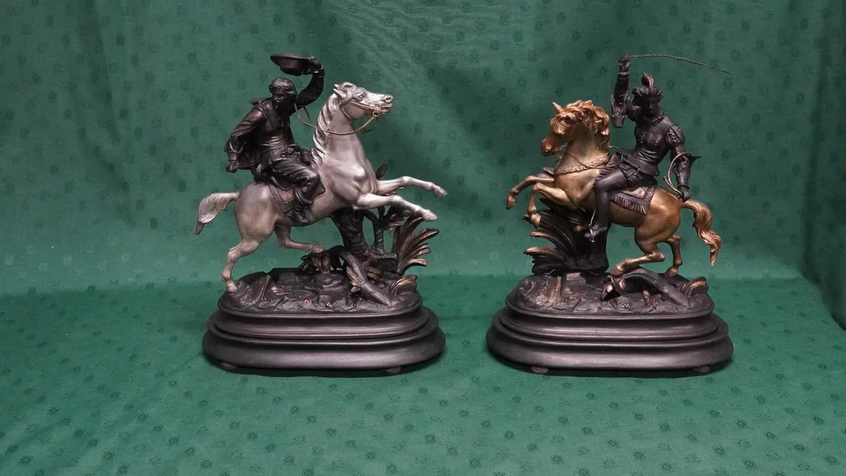 Pair of Vintage Metal Horseman Figurines - Image 1
