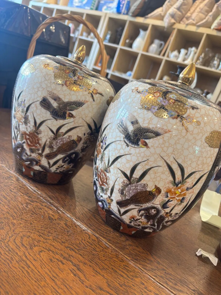 Pair of Hand-Painted Satsuma-Style Jars with Lids - Image 1