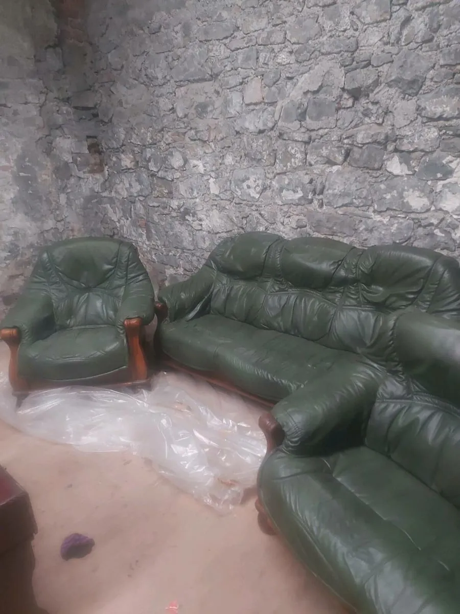 3-Piece Leather Sofa Suite – Dark Green - Image 1