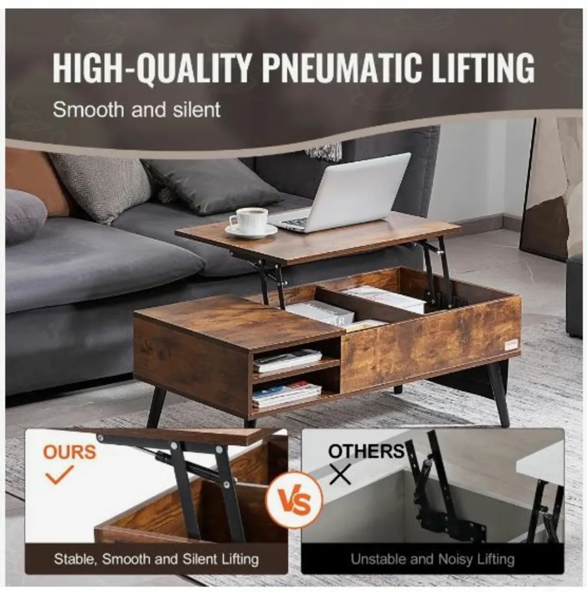 Lift Top Coffee Table, 39.4 in Rectangle - Image 3