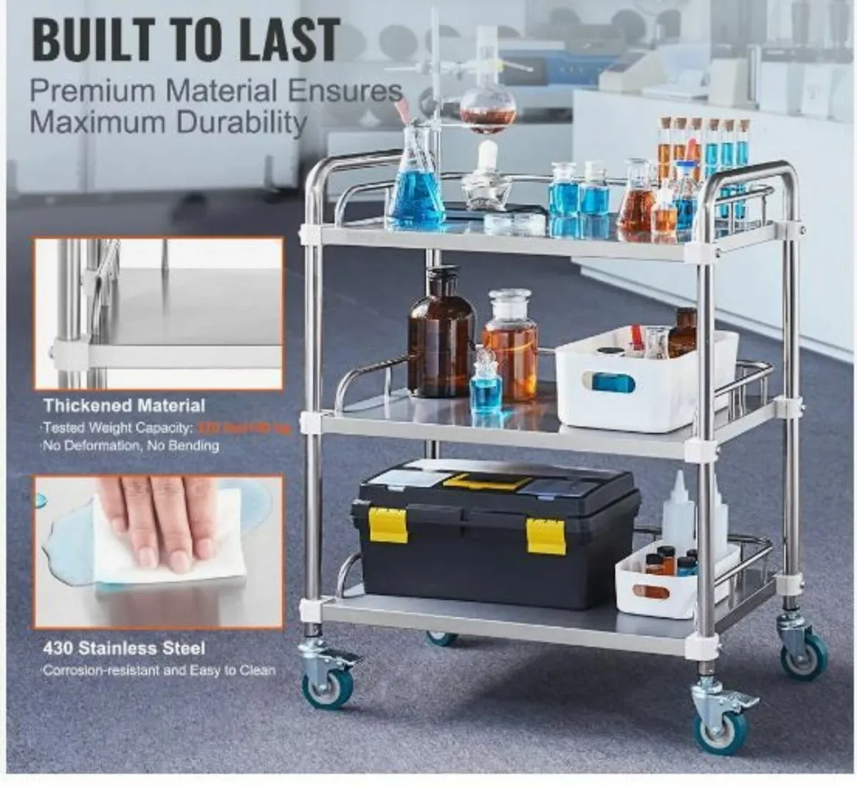 Lab Rolling Cart, 3-Shelf Stainless Steel - Image 2