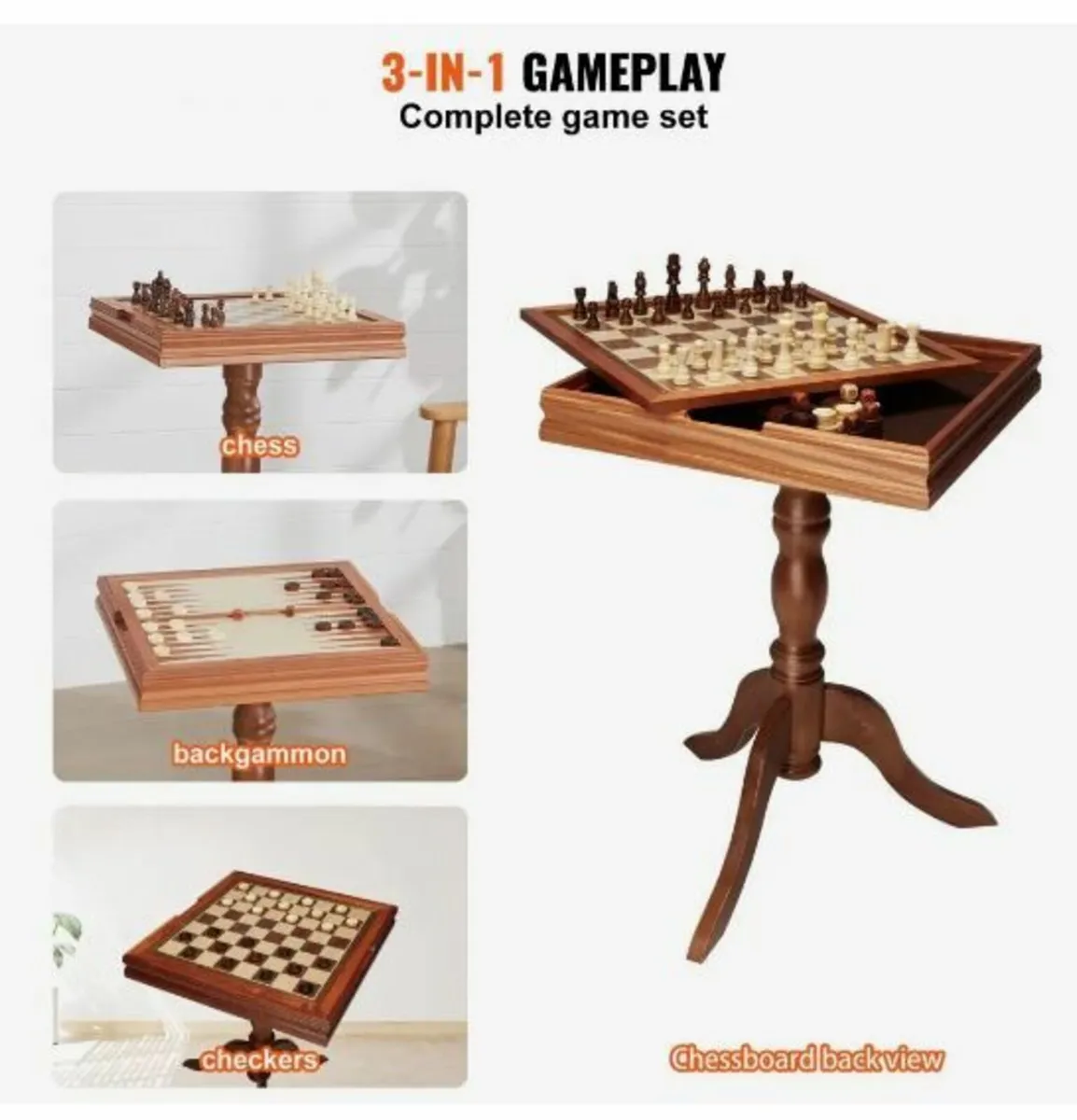 3-IN-1 Chess Checkers Backgammon Table Set - Image 4