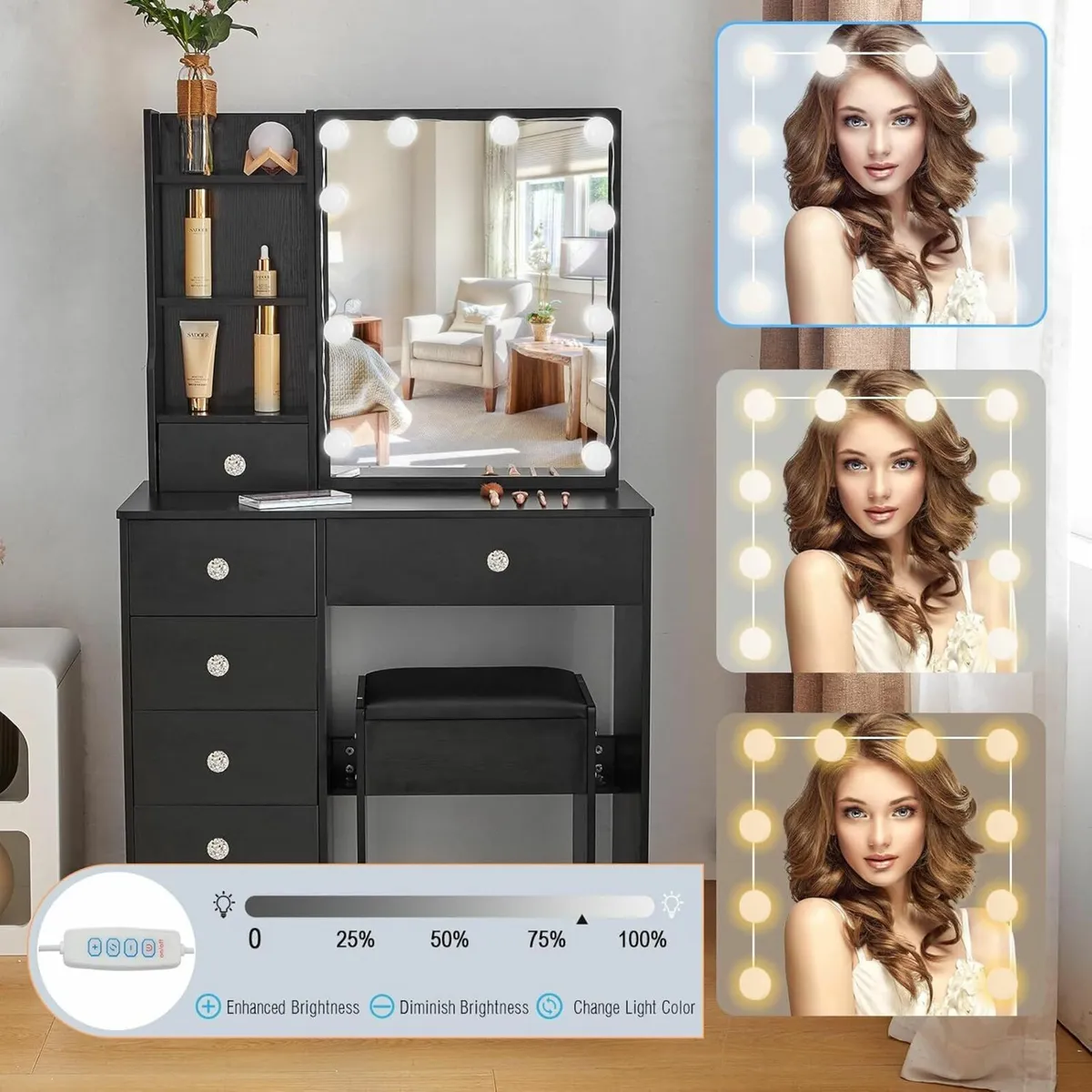 Dressing Table Mirror Vanity Desk Lights Black - Image 2
