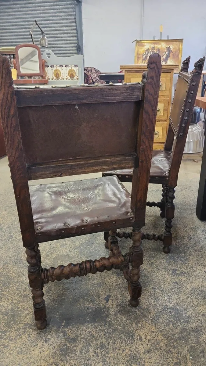 Pair early 1900s embossed leather chairs - Image 2