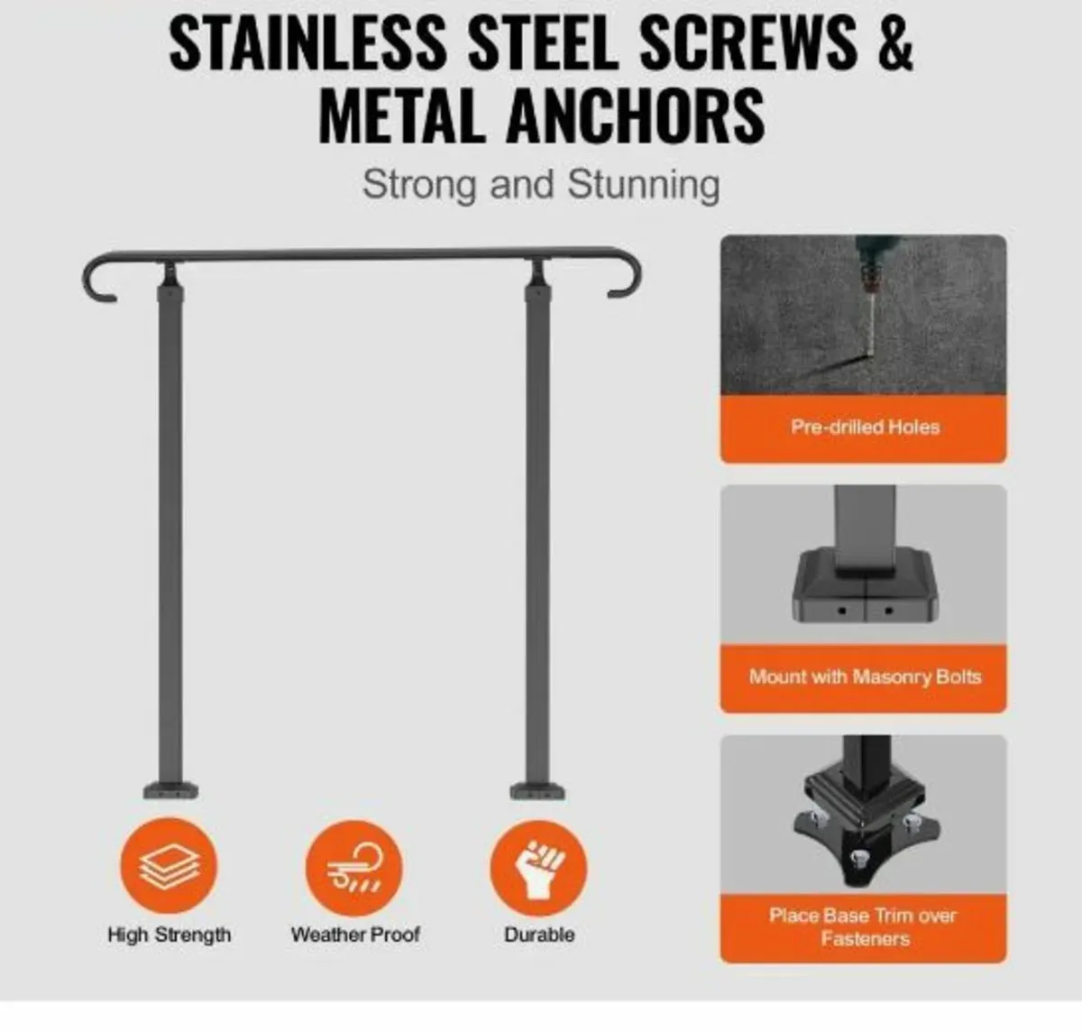 Wrought Iron Handrail, Fit 1 or 2 Steps Outdoor - Image 3